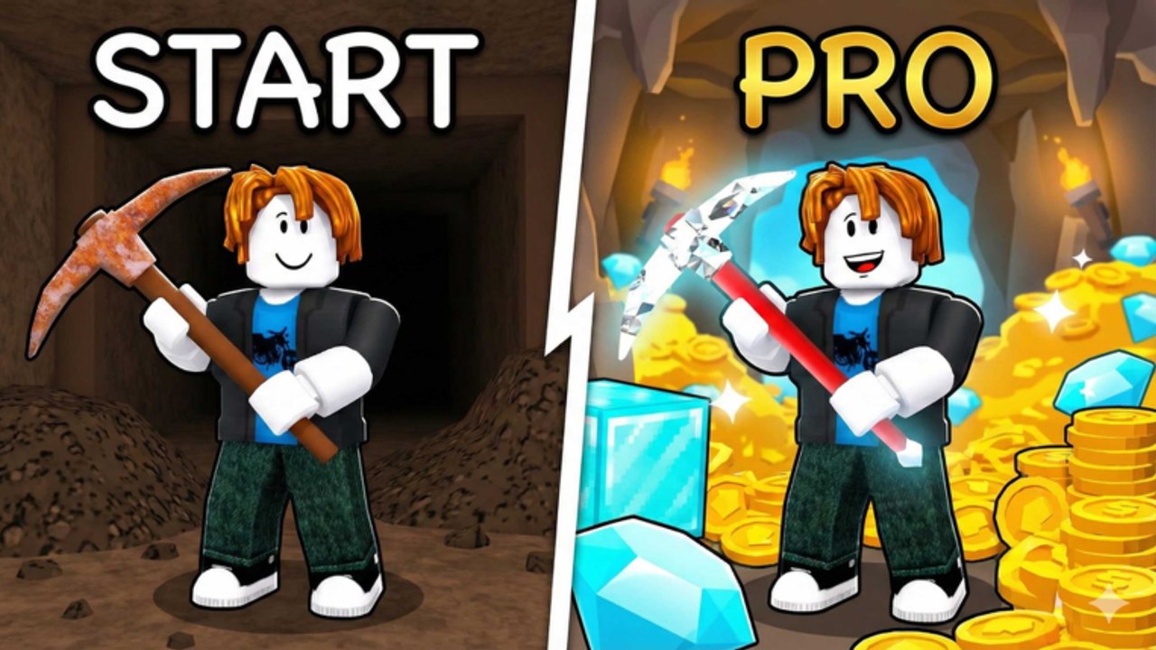 Start versus Pro comparison of a rusty cave pickaxe and a late-game pickaxe with coins and gems